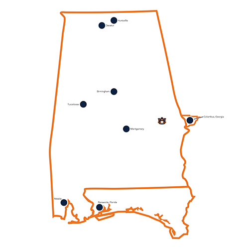 Map of Alabama with clinical sites marked